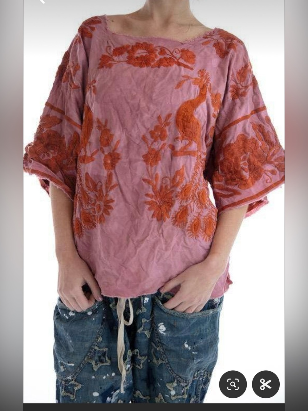 Magnolia Pearl Embroidered Pink Peasant Top with Burnt Orange Floral Motif